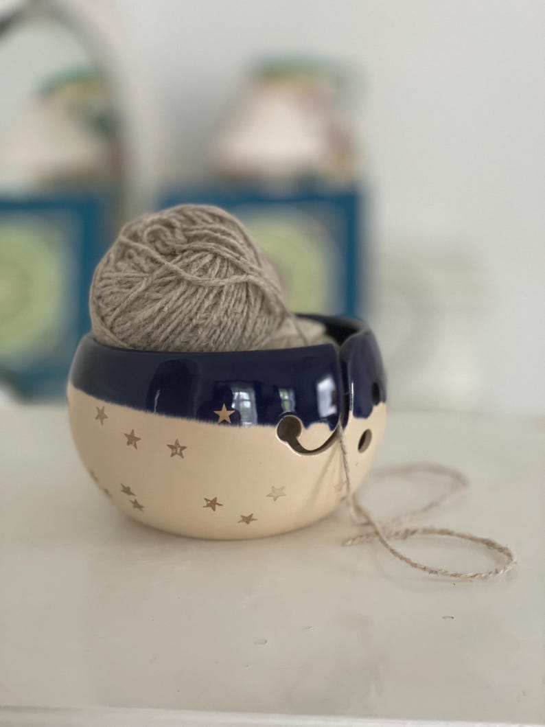 Pottery yarn bowl, pottery knitting bowl, ceramic yarn bowl, star blue night