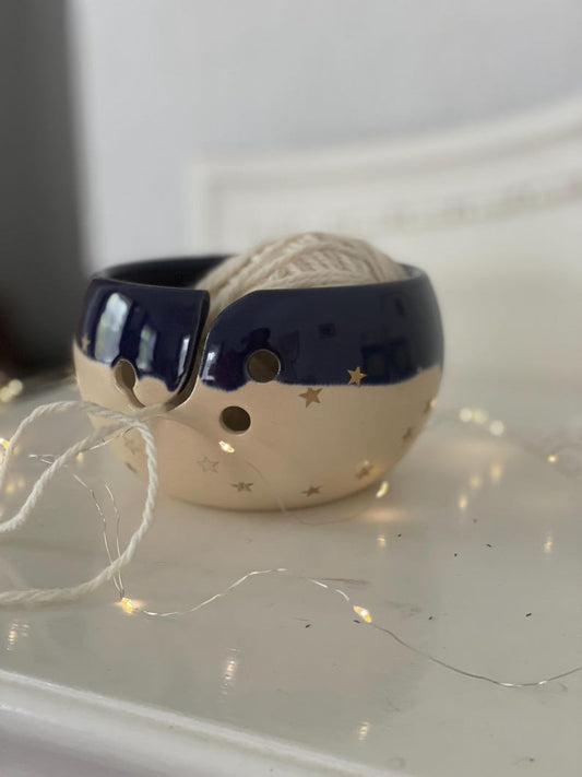 Pottery yarn bowl, pottery knitting bowl, ceramic yarn bowl, star blue night