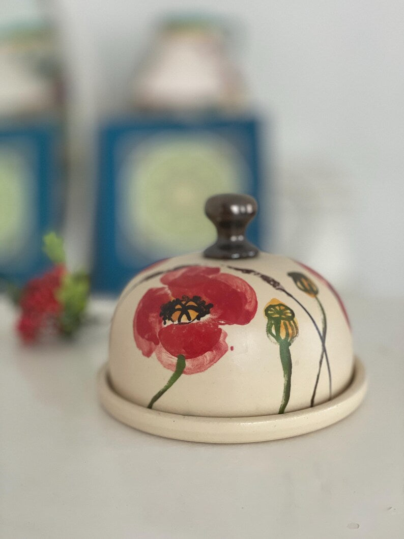 Butter dish, Butter keeper, ceramic butter dish, poppies butter keeper