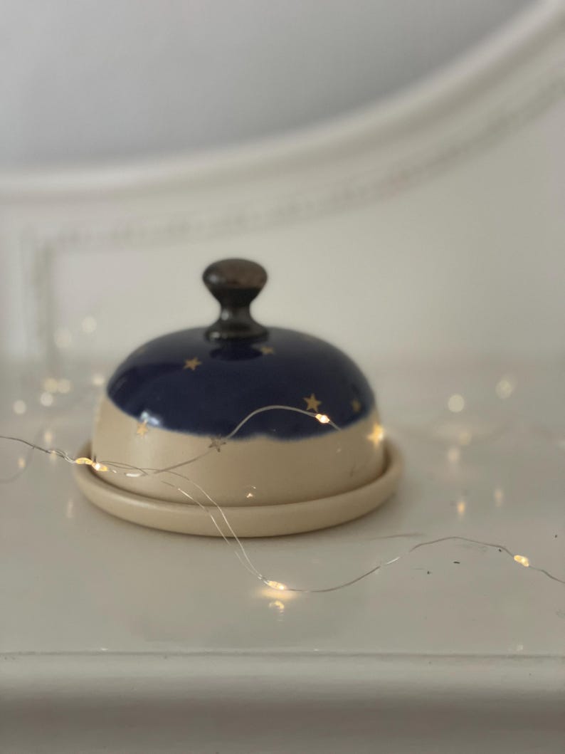 Butter dish, Butter keeper, ceramic butter dish, golden star, sky night