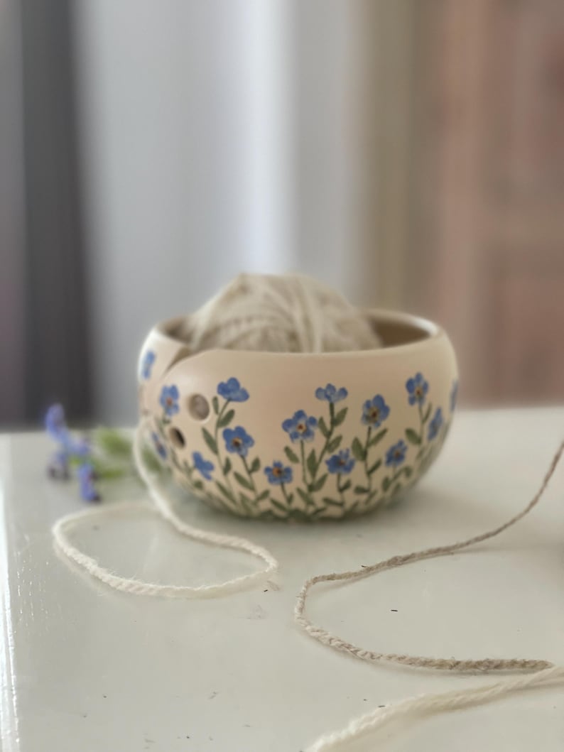 Pottery yarn bowl, pottery knitting bowl, ceramic yarn bowl, forget me nots, small blue flowers