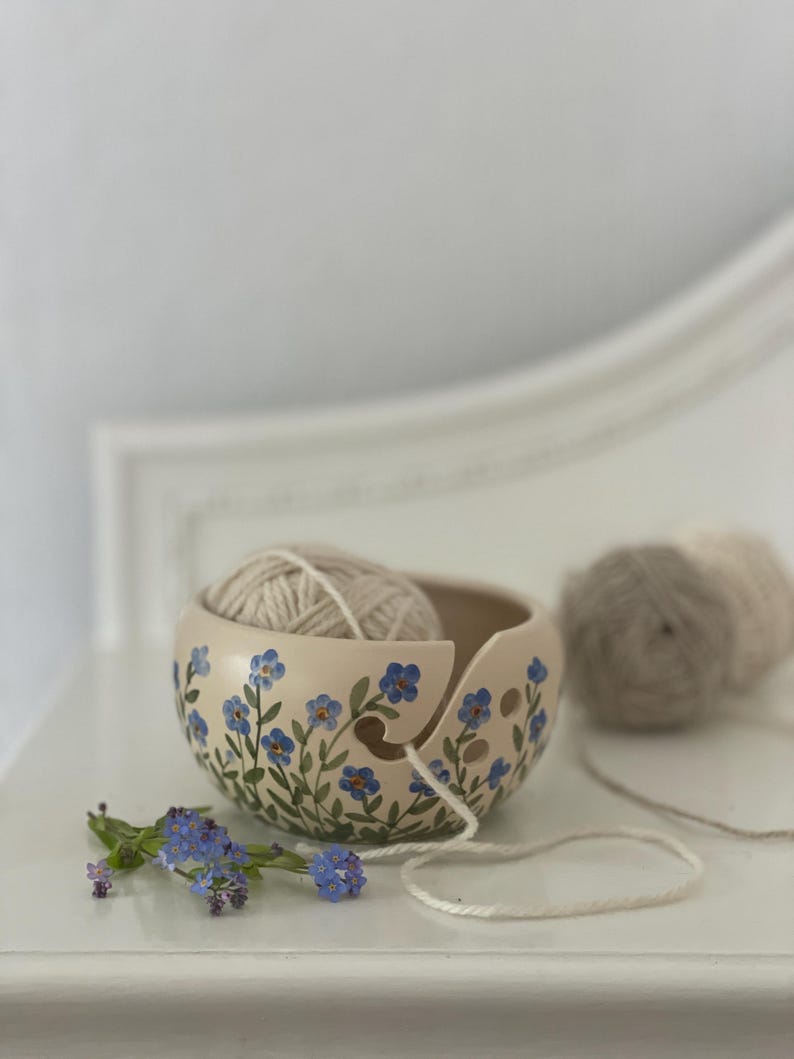 Pottery yarn bowl, pottery knitting bowl, ceramic yarn bowl, forget me nots, small blue flowers