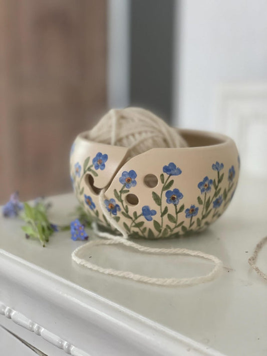 Pottery yarn bowl, pottery knitting bowl, ceramic yarn bowl, forget me nots, small blue flowers