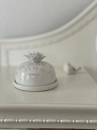 White butter dish golden dots white rose lid