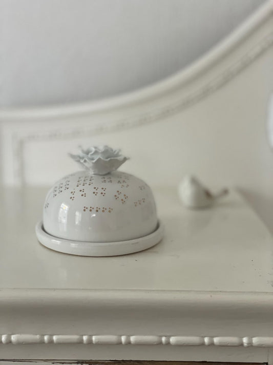 White butter dish golden dots white rose lid