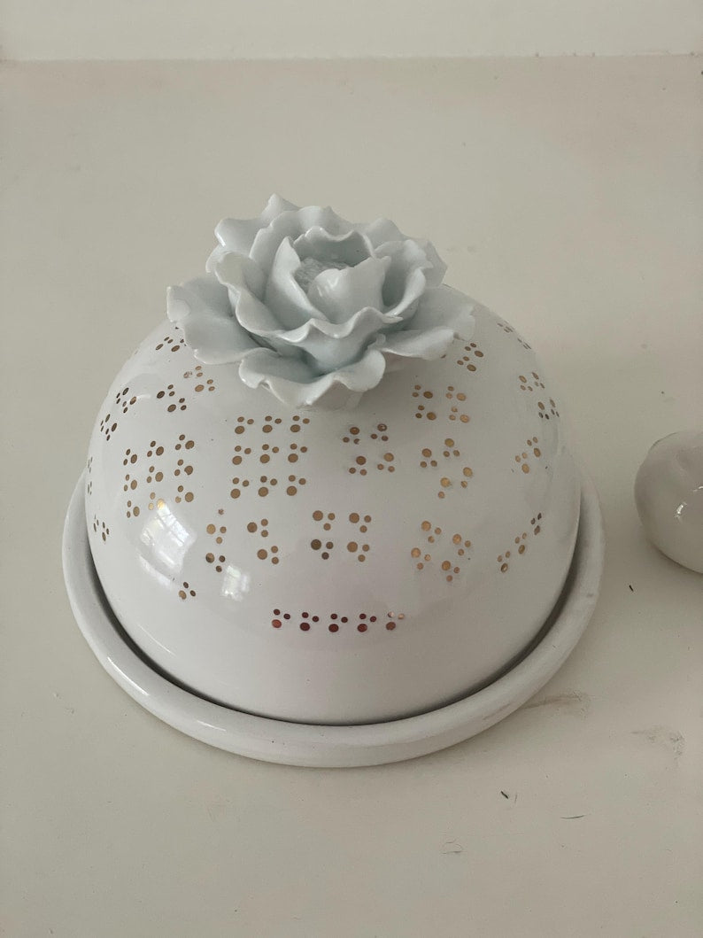 White butter dish golden dots white rose lid