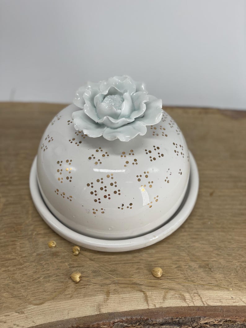 White butter dish golden dots white rose lid