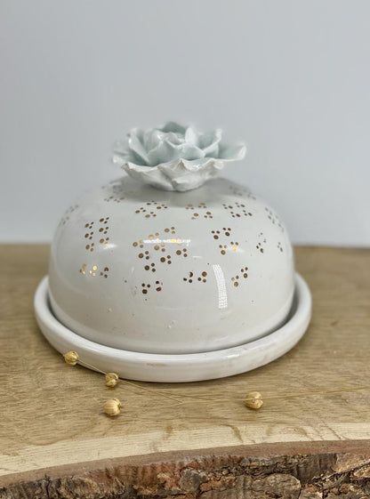 White butter dish golden dots white rose lid