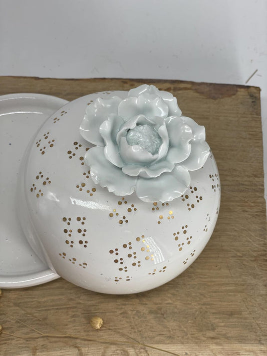 White butter dish golden dots white rose lid