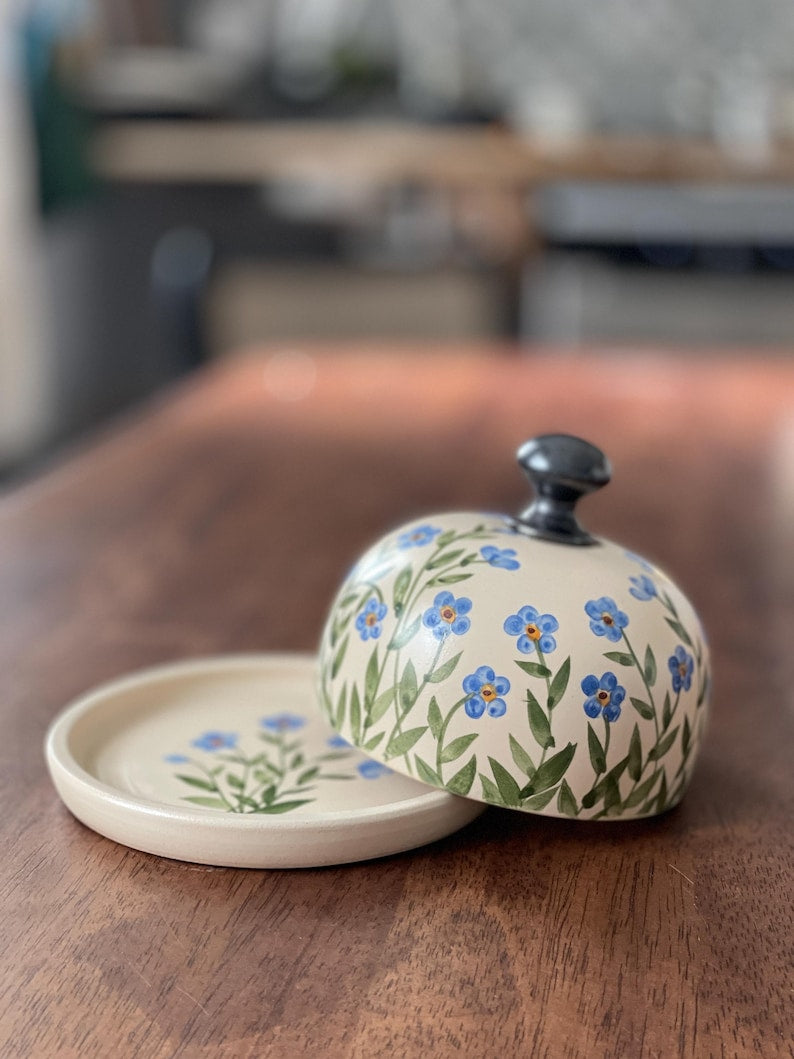 Forgetmenots Butter dish, forget me nots, small blue flowers Butter keeper, pottery butter dish, floral butter dish, pottery butter keeper
