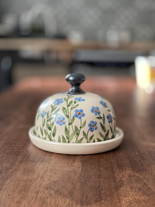 Forgetmenots Butter dish, forget me nots, small blue flowers Butter keeper, pottery butter dish, floral butter dish, pottery butter keeper