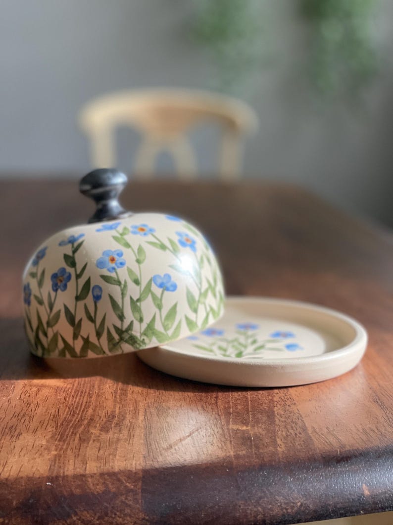 Forgetmenots Butter dish, forget me nots, small blue flowers Butter keeper, pottery butter dish, floral butter dish, pottery butter keeper
