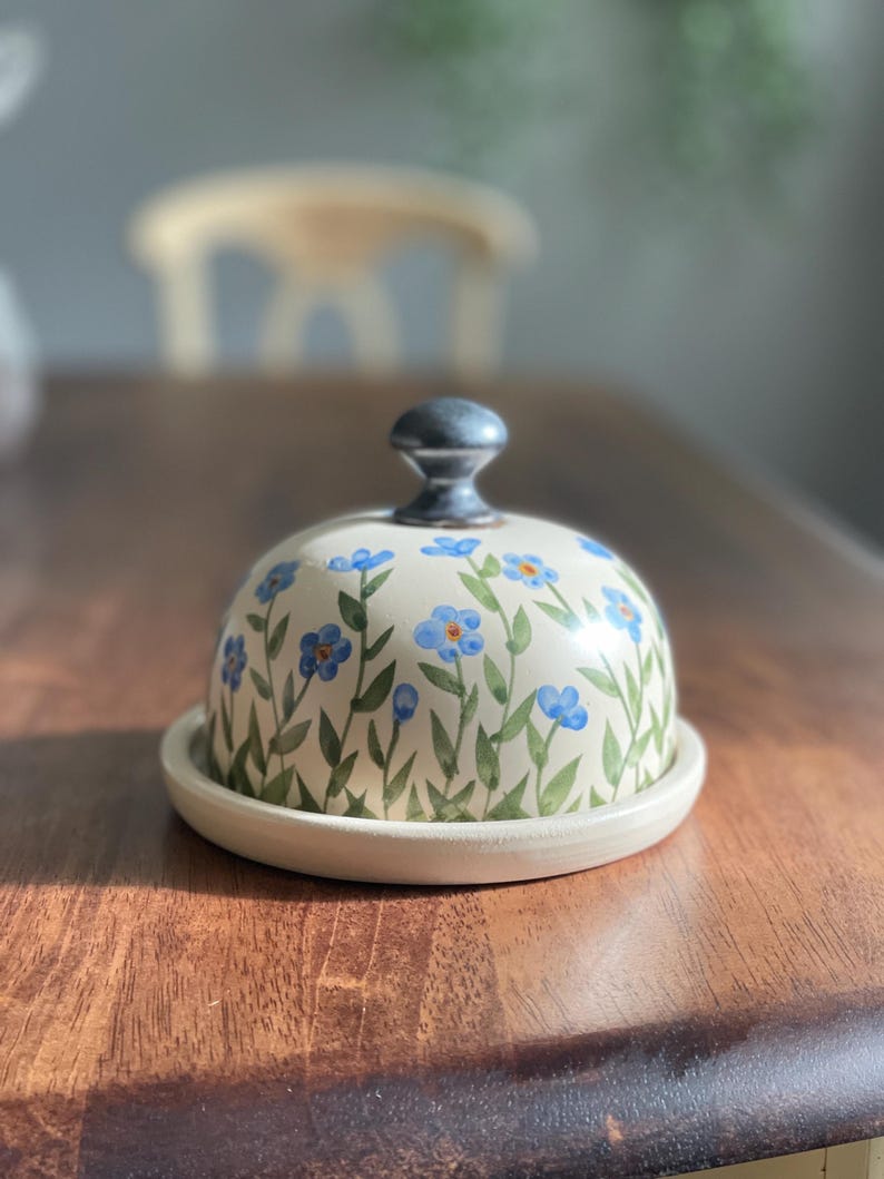 Forgetmenots Butter dish, forget me nots, small blue flowers Butter keeper, pottery butter dish, floral butter dish, pottery butter keeper