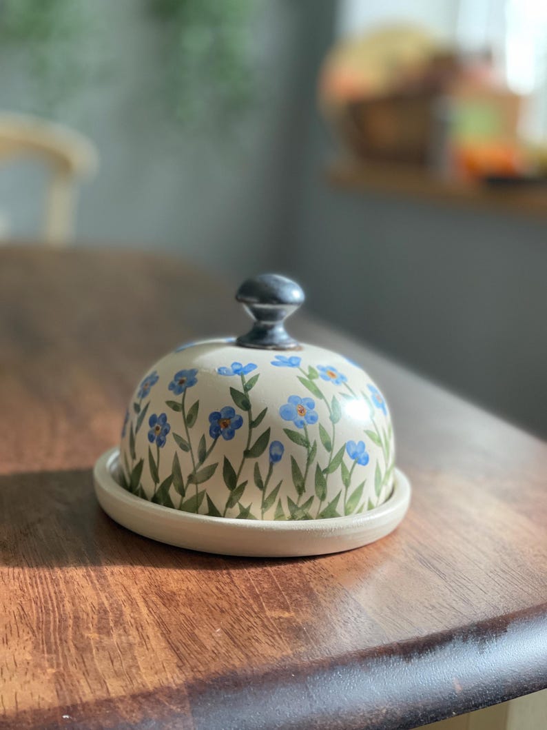 Forgetmenots Butter dish, forget me nots, small blue flowers Butter keeper, pottery butter dish, floral butter dish, pottery butter keeper
