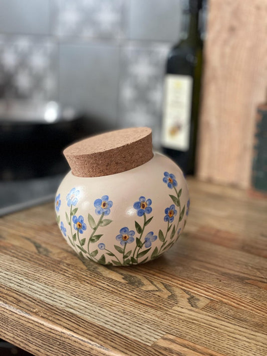 Salt Cellar, Salt Pig Salt keeper, ceramic salt pot, forget me nots