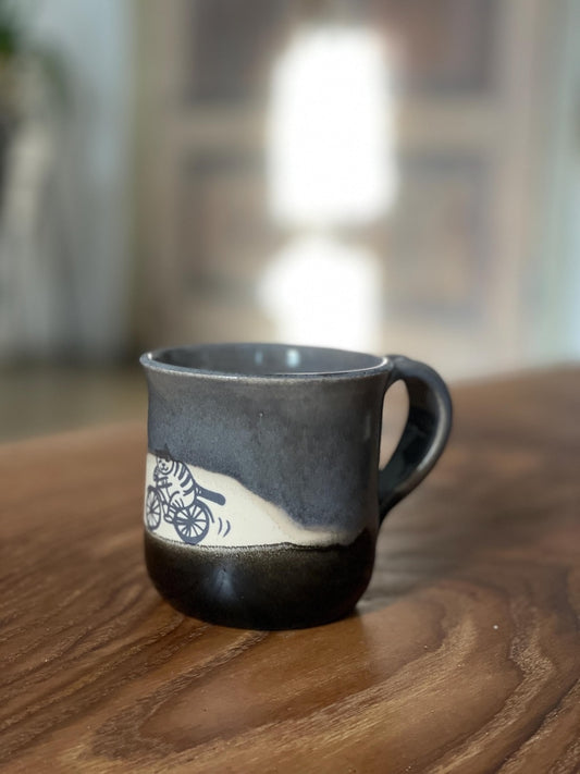Cat mug, bicycle mug, cycling cat, bike fun, funny mug, cat lovers, gray black cup